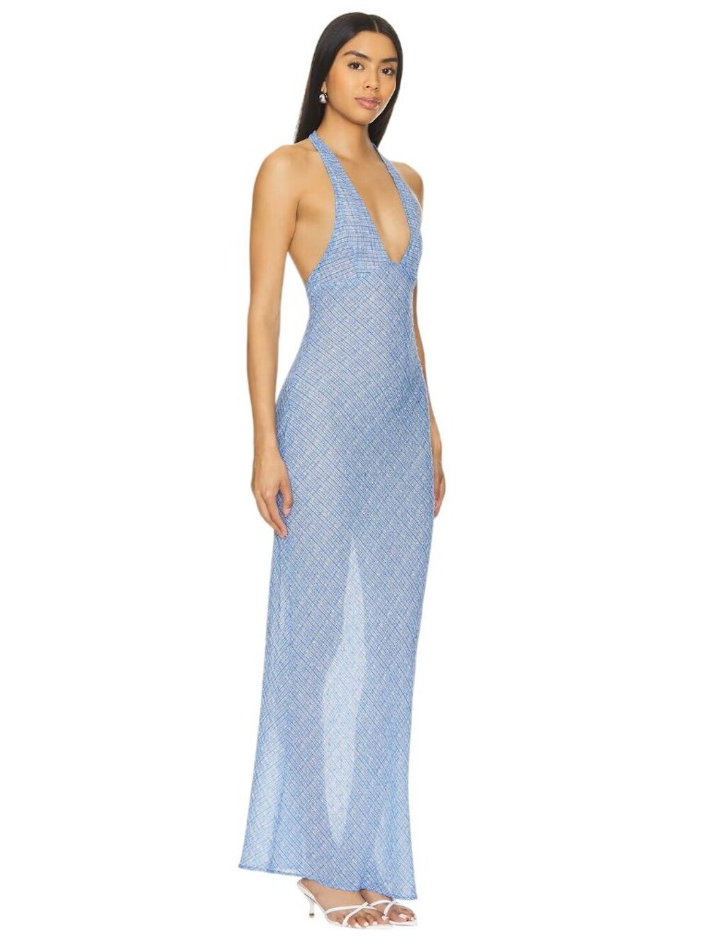 LIONESS Carrie Halter Dress in Blue Check Small New Womens Long maxi Gown - Picture 3 of 15